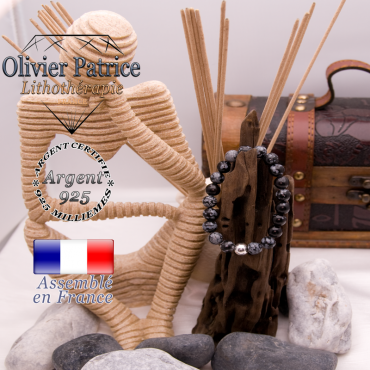 Bracelet obsidienne neige et boule en argent 925 - 8 mm