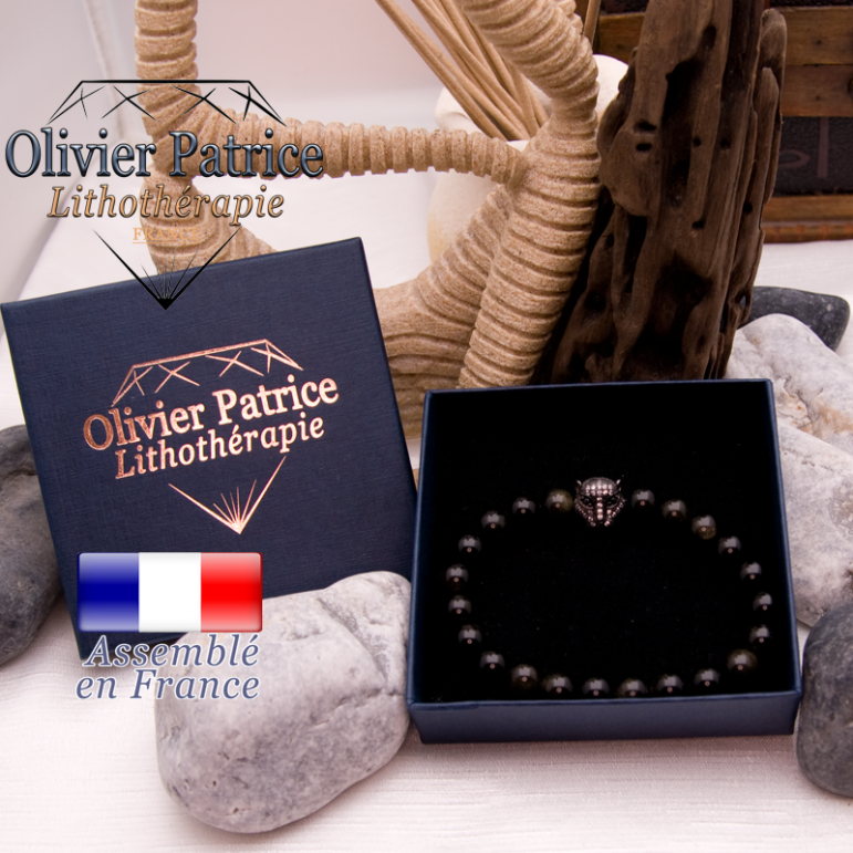 Bracelet en obsidienne dorée avec tête de léopard noire