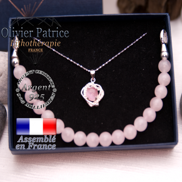 Parure quartz rose : pendentif 2 cœurs et bracelet en argent 925
