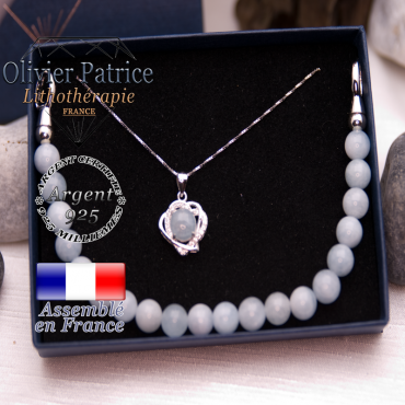 Parure aigue marine : pendentif 2 cœurs et bracelet en argent 925