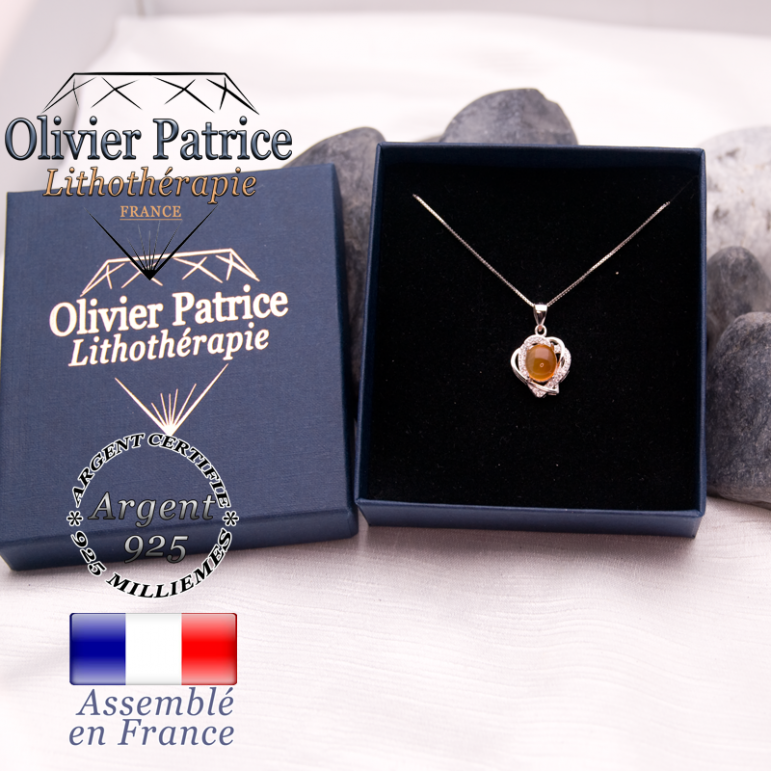 Pendentif aventurine orange coeurs enlacés en argent 925