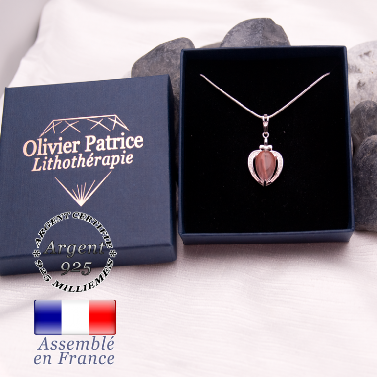 Pendentif tourmaline rose pastèque sur coeur en argent 925