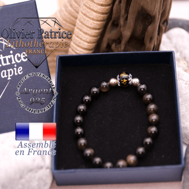 Bracelet en obsidienne dorée, onyx OM MANI argent