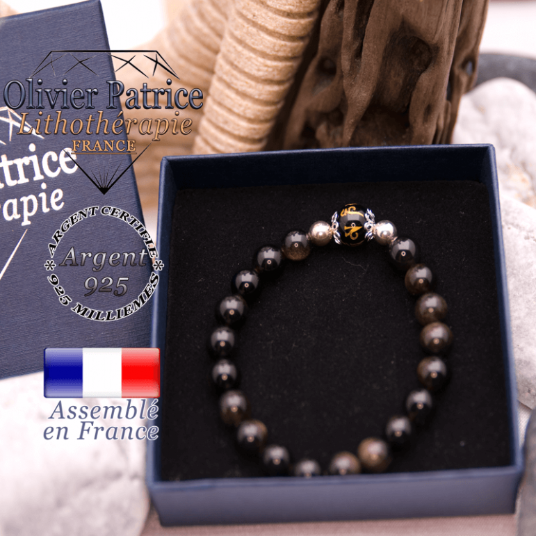 Bracelet en obsidienne dorée, onyx OM MANI argent