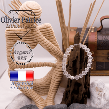 Bracelet cristal de roche opaque boule en argent 925 - 8 mm