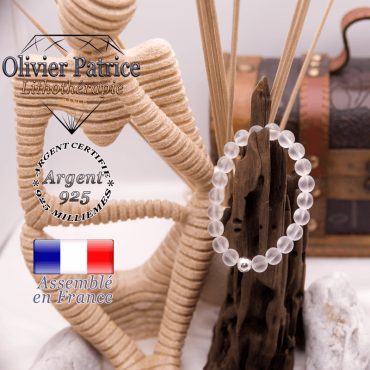 Bracelet cristal de roche opaque boule en argent 925 - 8 mm