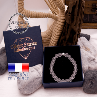 Bracelet cristal de roche opaque boule lisse en argent 925 dans son écrin