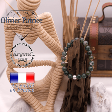 Bracelet agate mousse et boule en argent 925 - 8mm
