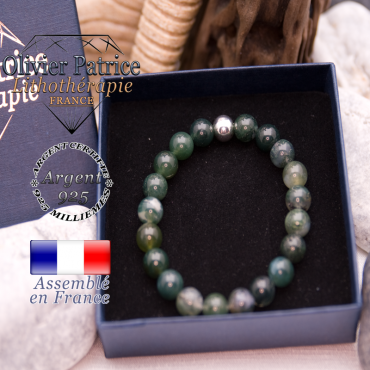 Bracelet agate mousse et sa boule en argent 925 dans son écrin