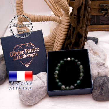 Bracelet agate mousse et sa boule en argent 925 dans son écrin