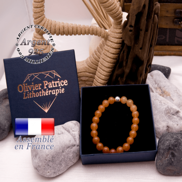 Bracelet en aventurine orange et sa boule en argent 925 dans son écrin