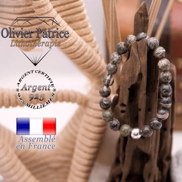 Bracelet jaspe vert zèbre et boule en argent 925 - 8  mm
