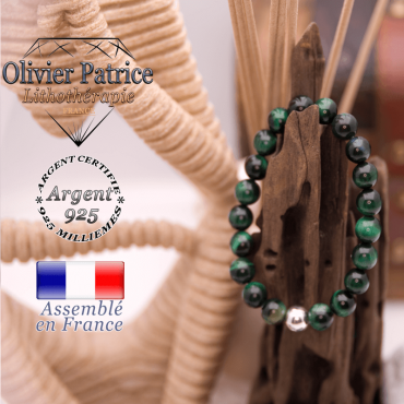 Bracelet Œil de Tigre teinte verte et boule argent 925 - 8 mm
