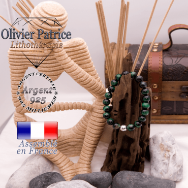 Bracelet Œil de Tigre teinte verte et boule argent 925 - 8 mm