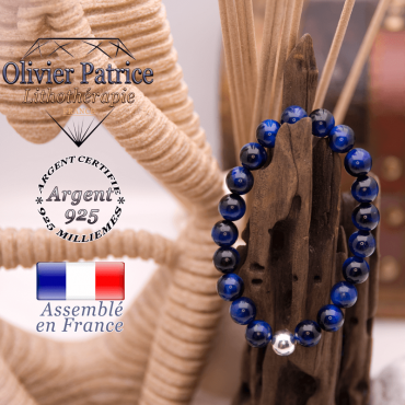 Bracelet Œil de Tigre teinte bleue et boule argent 925 - 8mm