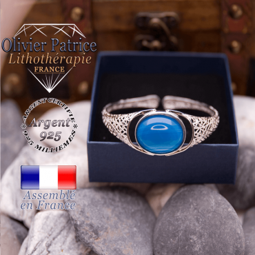 Bracelet toile d'araignée agate bande bleue ouvert en argent 925