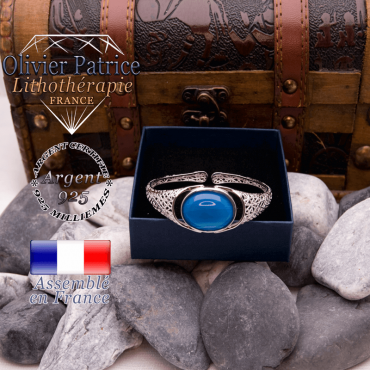 Bracelet toile d'araignée agate bande bleue ouvert en argent 925