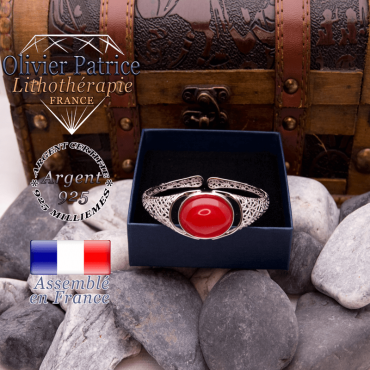 Bracelet toile d'araignée agate rouge ouvert en argent 925
