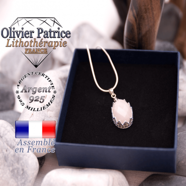 Pendentif couronne en quartz rose facetté en argent 925