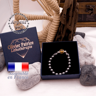 Bracelet hématite et cristal de roche OM MANI