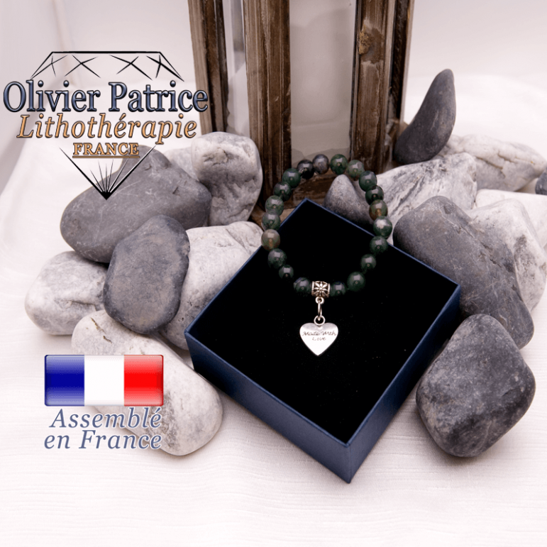 Bracelet agate mousse et son charms coeur en alliage