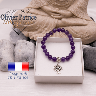 Bracelet améthyste et son charms arbre de vie en alliage