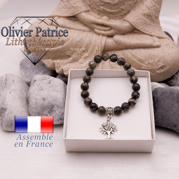 Bracelet jaspe vert zèbre et son charms arbre de vie en alliage
