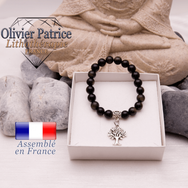 Bracelet obsidienne dorée et son charms arbre de vie en alliage