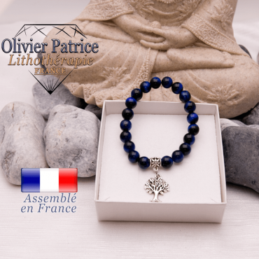 Bracelet Œil de Tigre teinte bleue et son charms arbre de vie en alliage