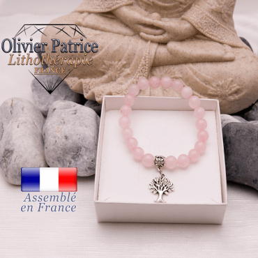 Bracelet quartz rose et son charms arbre de vie en alliage