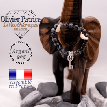 Bracelet obsidienne neige et sa cage clé en argent 925
