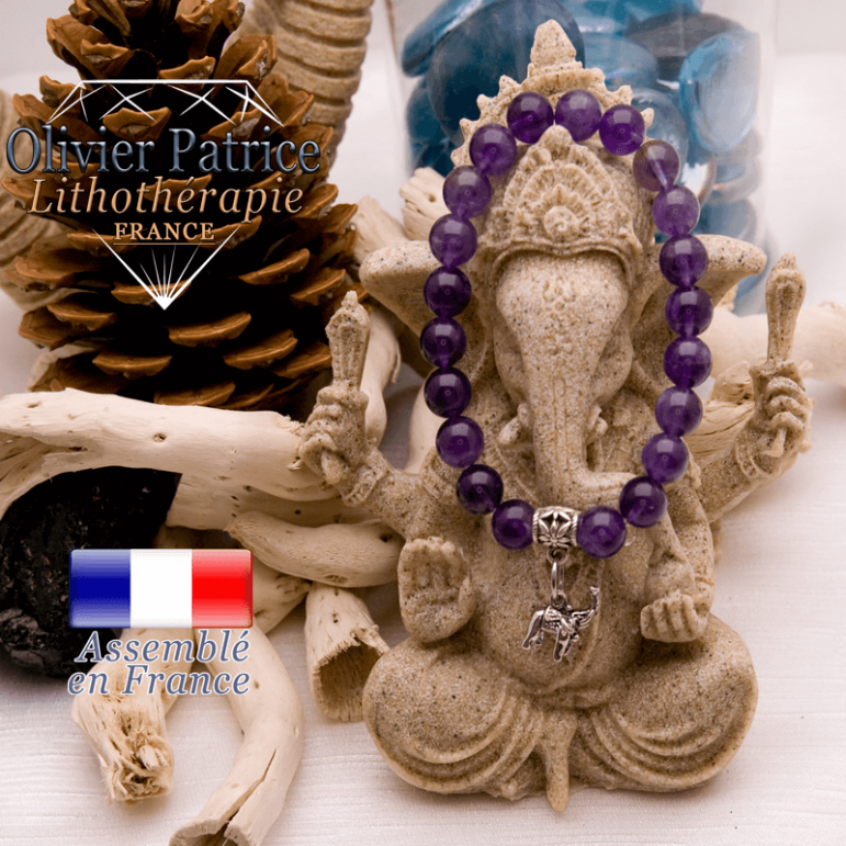 Bracelet améthyste et son charms éléphant en alliage