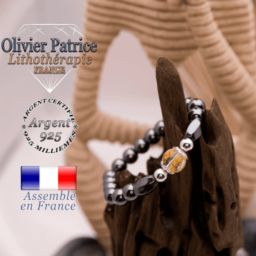 Bracelet hématite et cristal de roche OM MANI