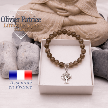 Bracelet quartz fumé et son charms arbre de vie en alliage