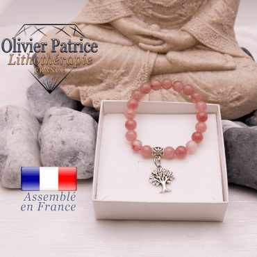 Bracelet quartz fraise  et son charms arbre de vie en alliage