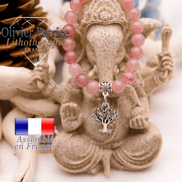 Bracelet quartz fraise  et son charms arbre de vie en alliage