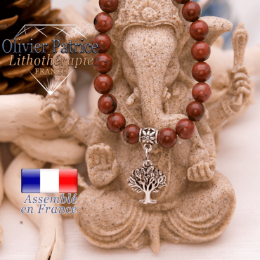 Bracelet jaspe rouge et son charms arbre de vie en alliage