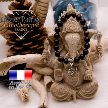 Bracelet obsidienne dorée et son charms éléphant en alliage
