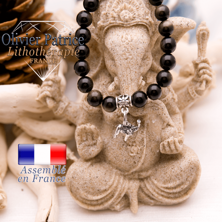 Bracelet obsidienne dorée et son charms éléphant en alliage