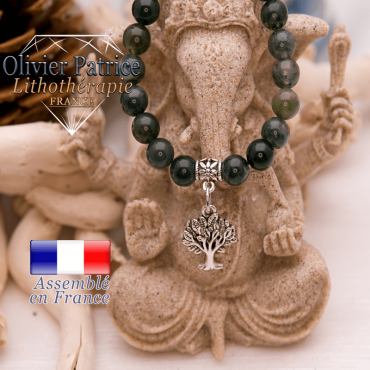 Bracelet agate mousse et son charms arbre de vie en alliage