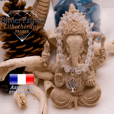 Bracelet cristal de roche opaque et son charms arbre de vie en alliage