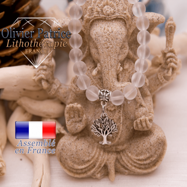 Bracelet cristal de roche opaque et son charms arbre de vie en alliage