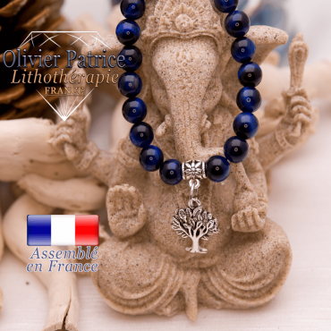 Bracelet Œil de Tigre teinte bleue et son charms arbre de vie en alliage