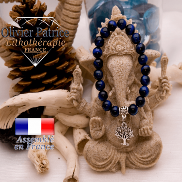 Bracelet Œil de Tigre teinte bleue et son charms arbre de vie en alliage