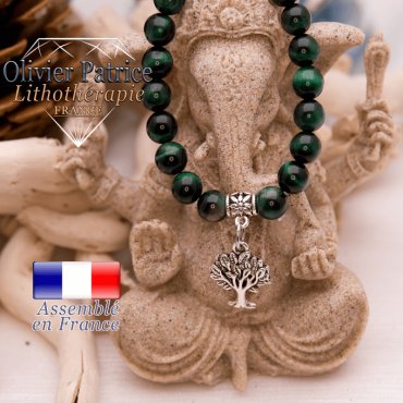 Bracelet Œil de Tigre teinte verte et son charms arbre de vie en alliage