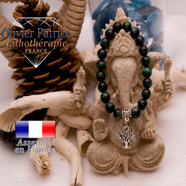 Bracelet Œil de Tigre teinte verte et son charms arbre de vie en alliage