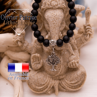 Bracelet onyx mat et son charms arbre de vie en alliage