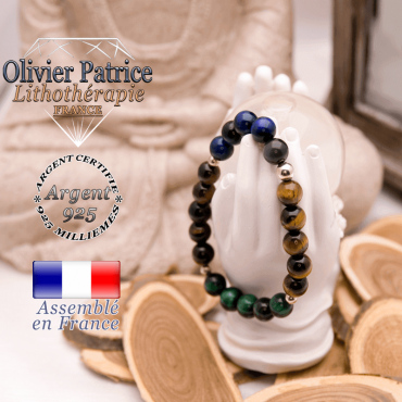 Bracelet oeil de taureau & 3 œil de tigre et boules lisses en argent 925