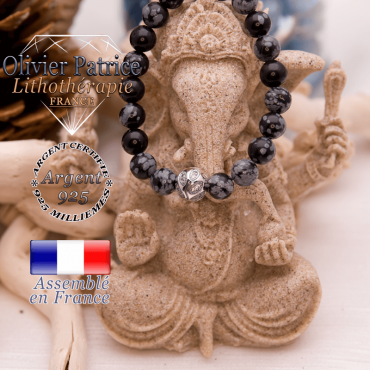 Bracelet obsidienne neige et sa boule feuilles en argent 925