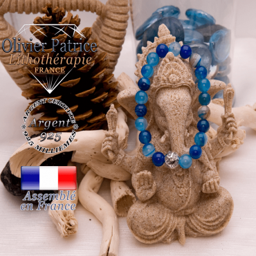 Bracelet agate à bandes bleues et sa boule gravée de feuilles en argent 925